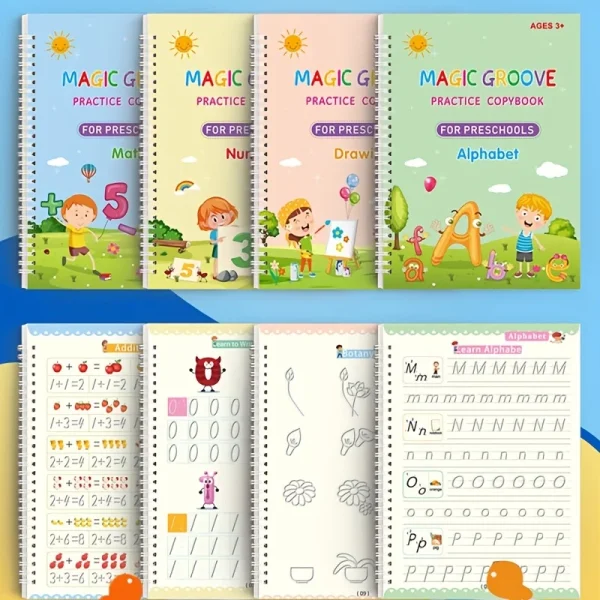 4pcs/set Reusable Children 3D Copybook for Calligraphy Numbers Handwriting Math Learning Book