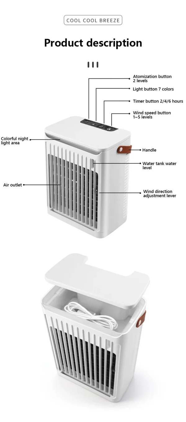 Air Cooling Unit Portable with Fan - offers 7 Colors of LED Night Light 6.8L Water Tank 5 Speeds Energy Saving for Home Office Bedroom - Image 22